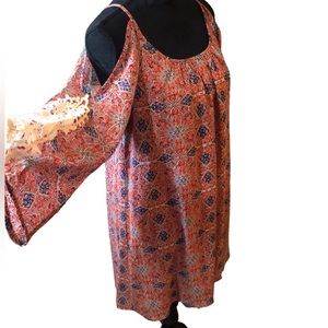 UMGEE COLD SHOULDER FLORAL CUTOUT MINI DRESS RED BLUE SIZE SMALL